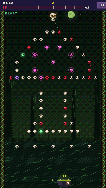 A board of skulls shaped like a toadstool, with the skull cannon at the top and the aiming rail along the bottom